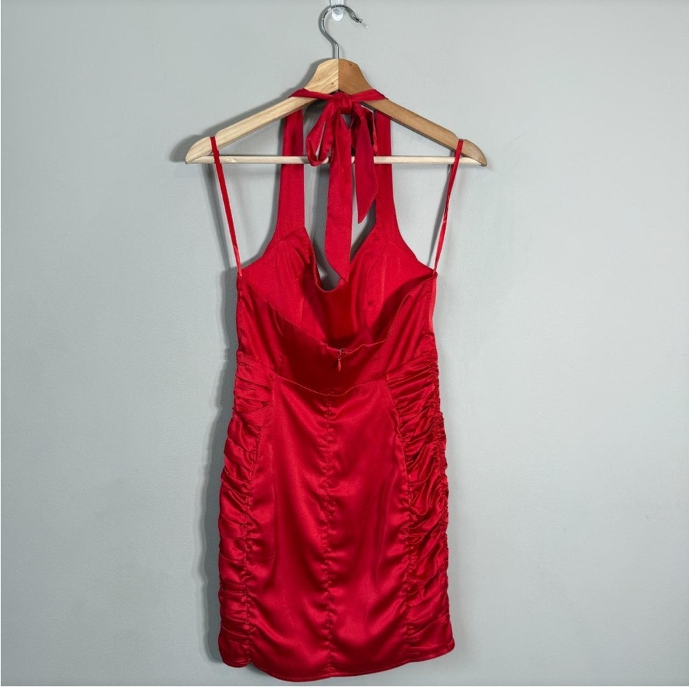 SAINTS + SECRETS NWT Red Satin Halter Ruched Mini Dress Bodycon Size 10 - Picture 8 of 13